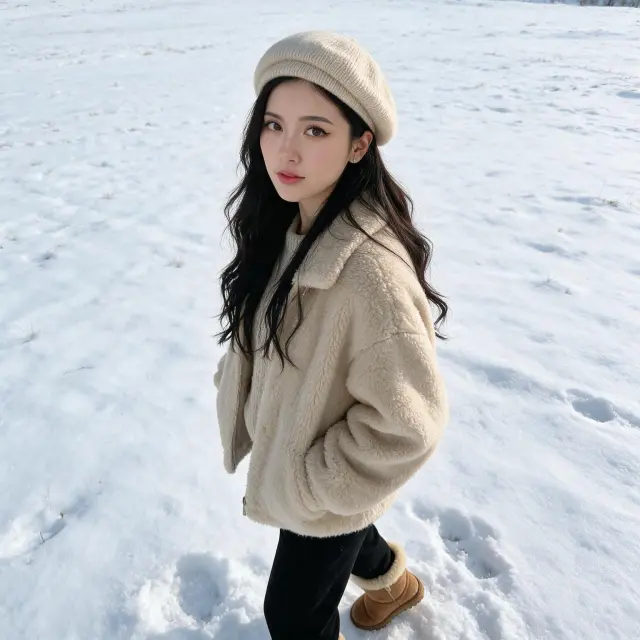 A girl with long wavy hair, wearing a beige warm fluffy winter jacket with a knitted sweater under and black pants, wearing Ugg boots and a beige beanie, standing in a snowy meadow, snow on ground, looking melancholic, three-quarter view, high details, cinematic.