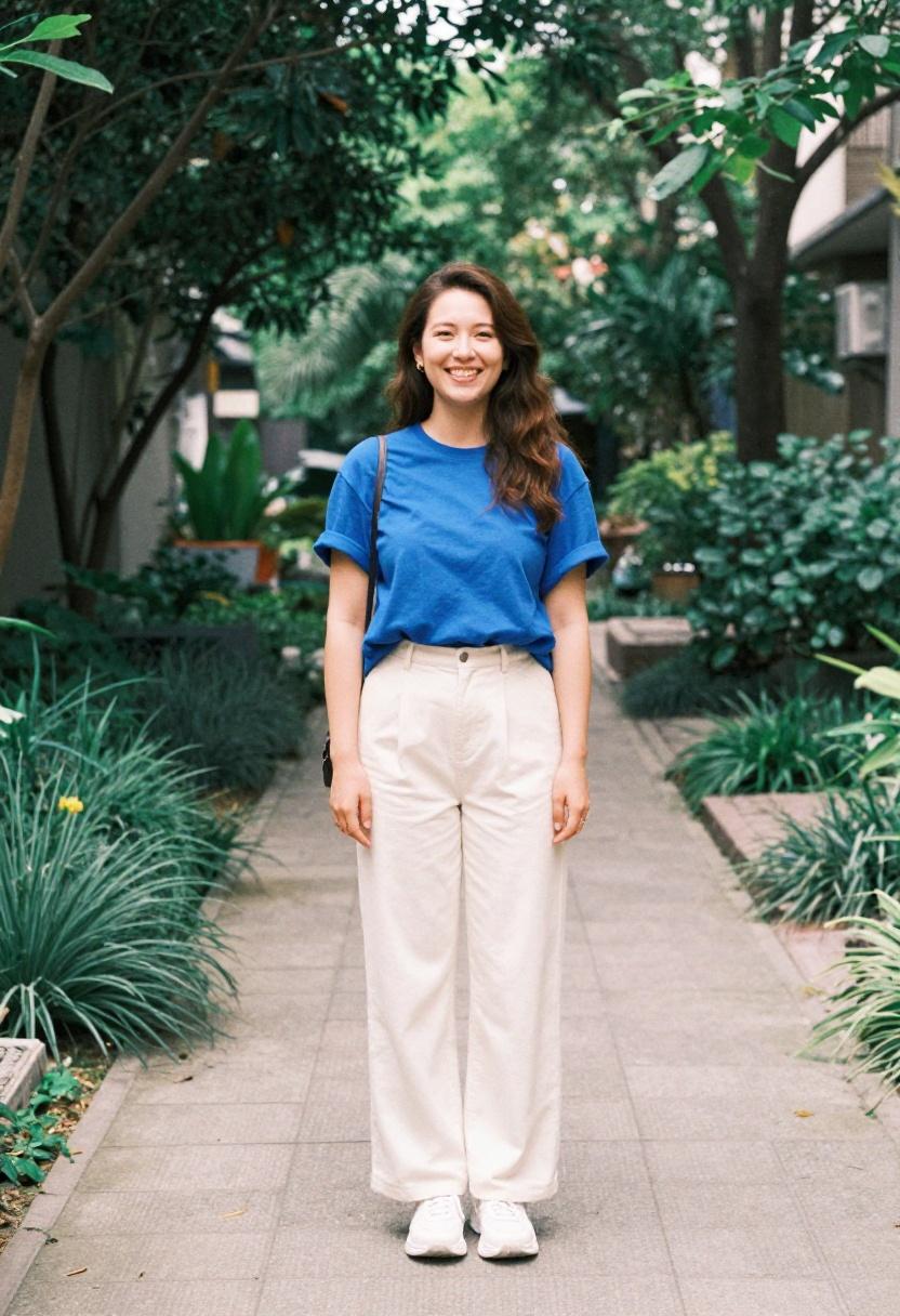 Cobalt blue graphic tee tucked into wide-leg trousers for relaxed confident spring garden stroll plus size