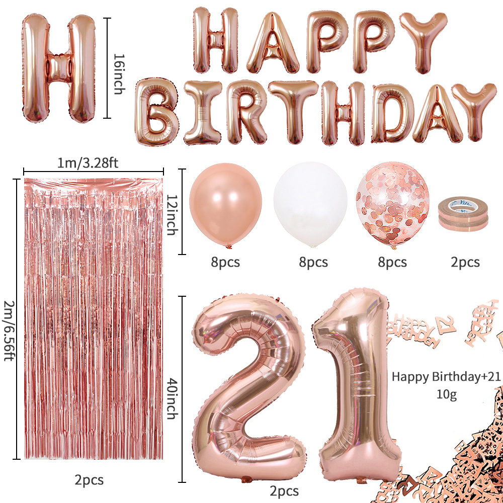 Rose Gold 21th Birthday Balloon Decoration Set - Foil Number Balloons, Happy Birthday Letter Banner, Tassel Curtain, Confetti Balloons, Latex Balloons & Tape - Complete Party Decor Kit for 18th, 21st, 30th Birthdays