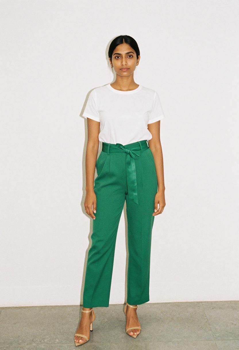 Forest green tailored belted trousers with white blouse for clean sophisticated everyday office look