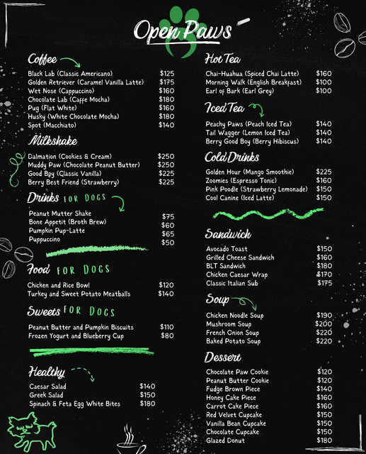 Open Paws Chalkboard Menu
