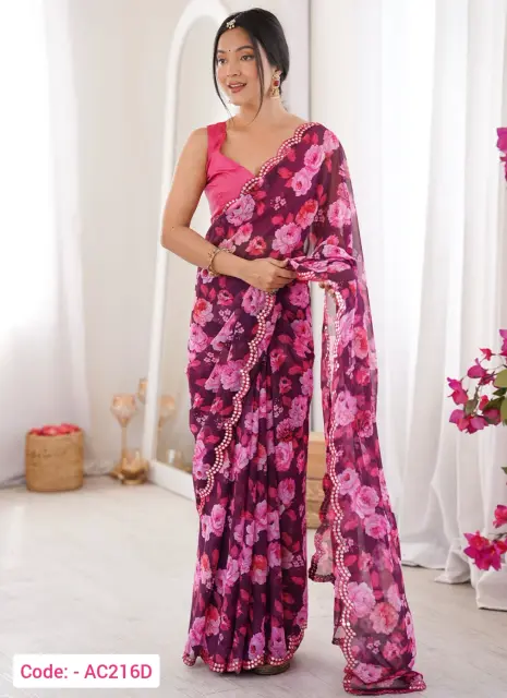 Purple color printed georgette saree