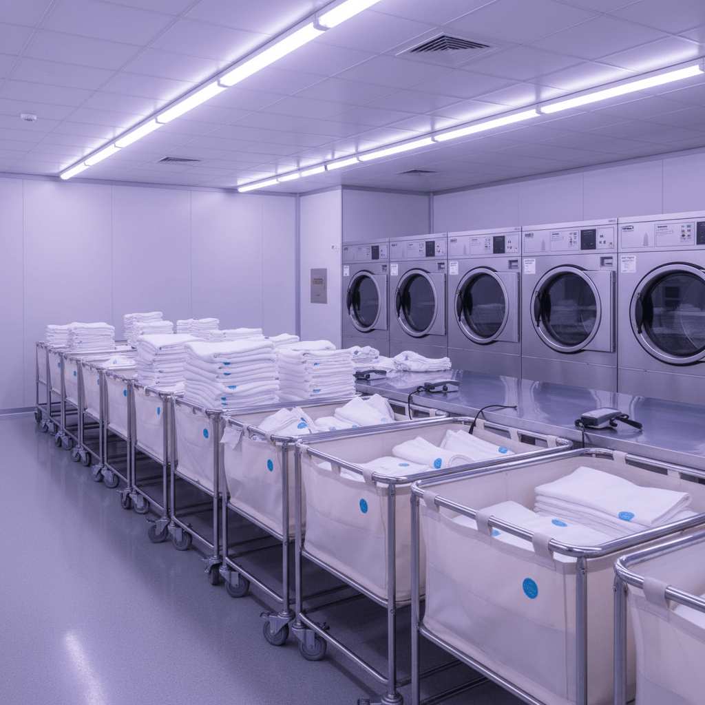 Hotel laundry room with organized linen carts and RFID-tagged sheets