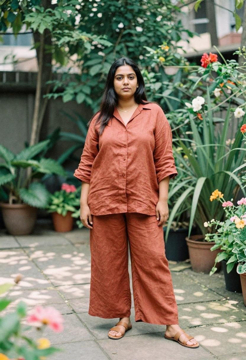 Plus size woman in terracotta linen wide-leg trousers and matching oversized shirt for curvy quiet luxury in a blooming garden