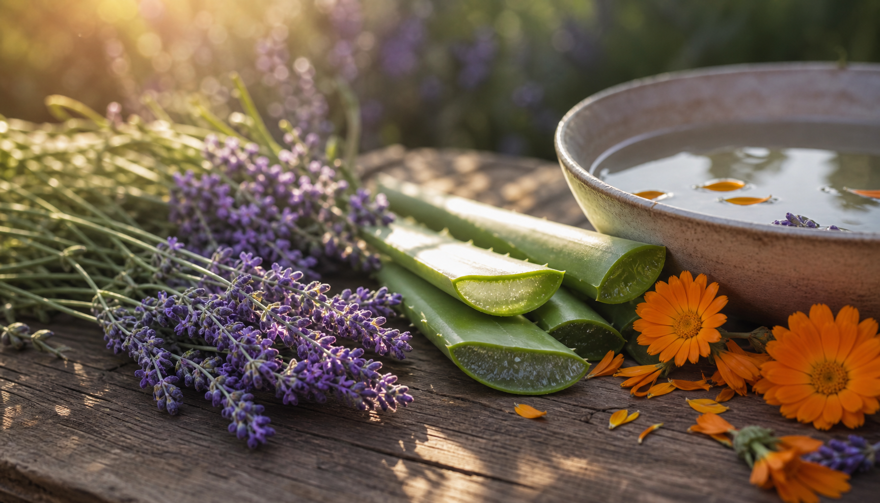 Lavendel, Aloe Vera und Ringelblume auf Holztisch – natürliche Hautpflege im Spätsommer