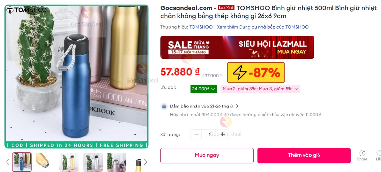 TOMSHOO Bình giữ nhiệt 500ml Bình giữ nhiệt chân không bằng thép không gỉ 26x6 9cm