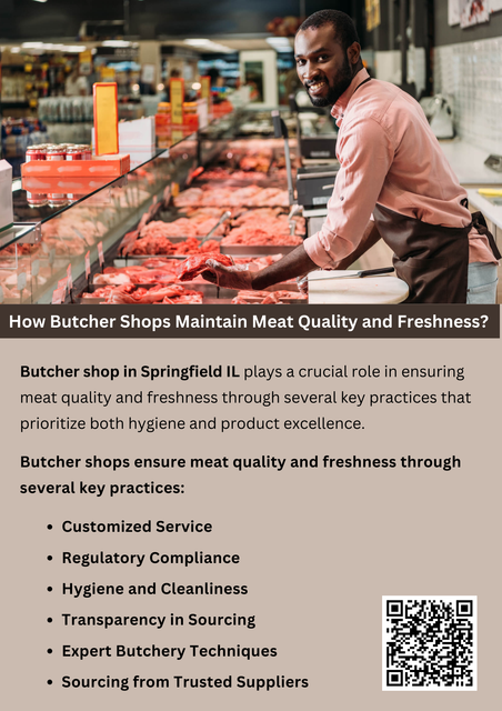 Butcher shops in Springfield IL ensure meat quality and freshness through careful sourcing from local farms, regular inspections, and proper storage practices. They offer cuts on demand, reducing storage time and ensuring customers receive the freshest products. Expert butchers also provide advice on cuts and cooking methods, ensuring optimal flavor and satisfaction with each purchase. To know more visit here https://www.goharvestmarket.com/our-story/butcher-shop-our-meat-department/