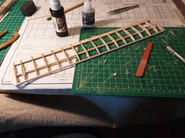 Out of sequence, but here's the bottom wing all whittled and sanded, ready to cover. It's important to do a good job of sanding the leading edge spar because it will be obvious if you don't. Wear a dust mask.