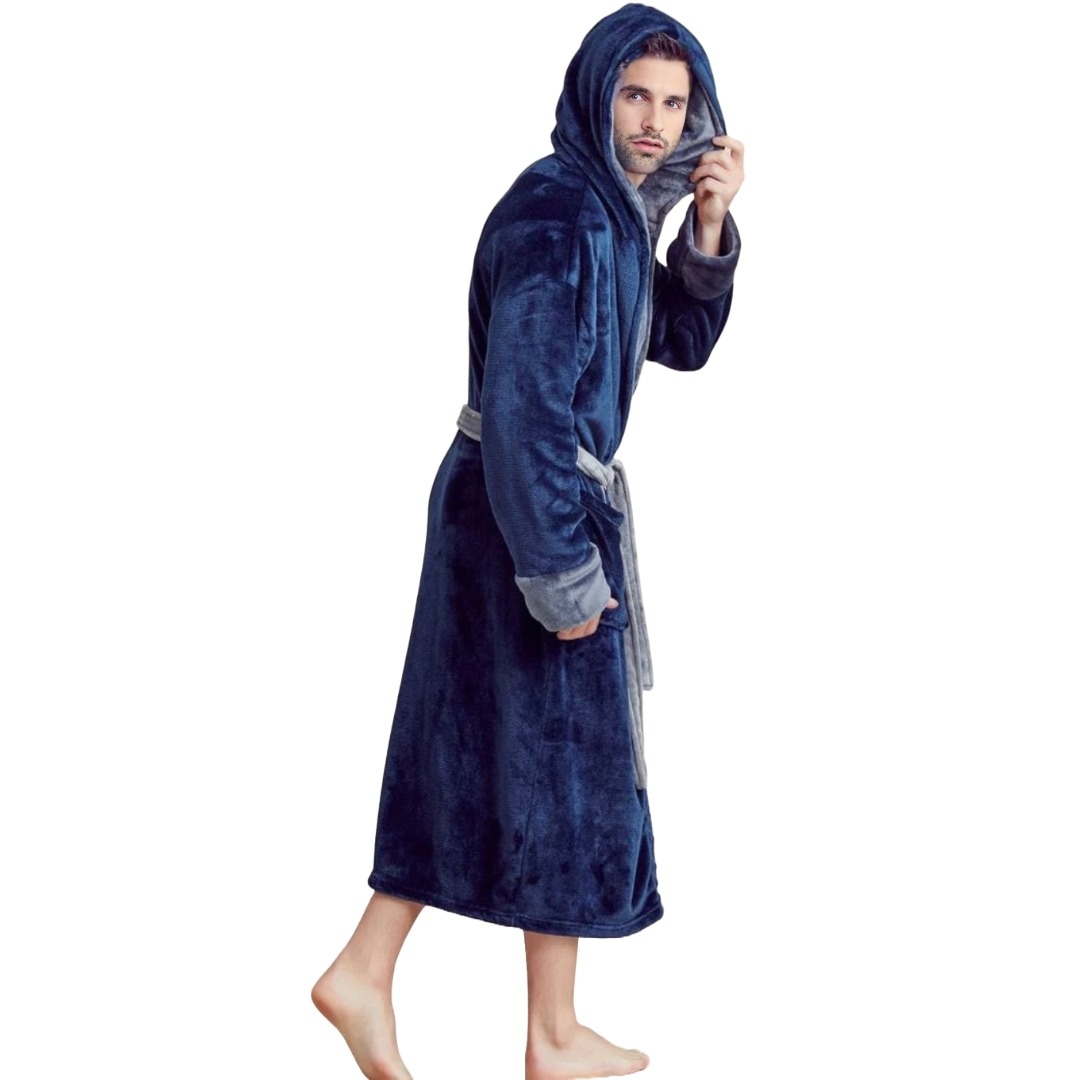 Men Plush Shawl Collar Robe, Unisex Navy (L/XL) view 4