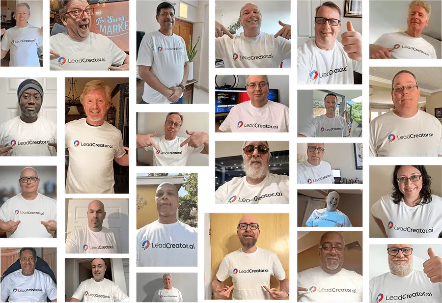 A collage of LeadCreator members wearing LeadCreator t-shirts
