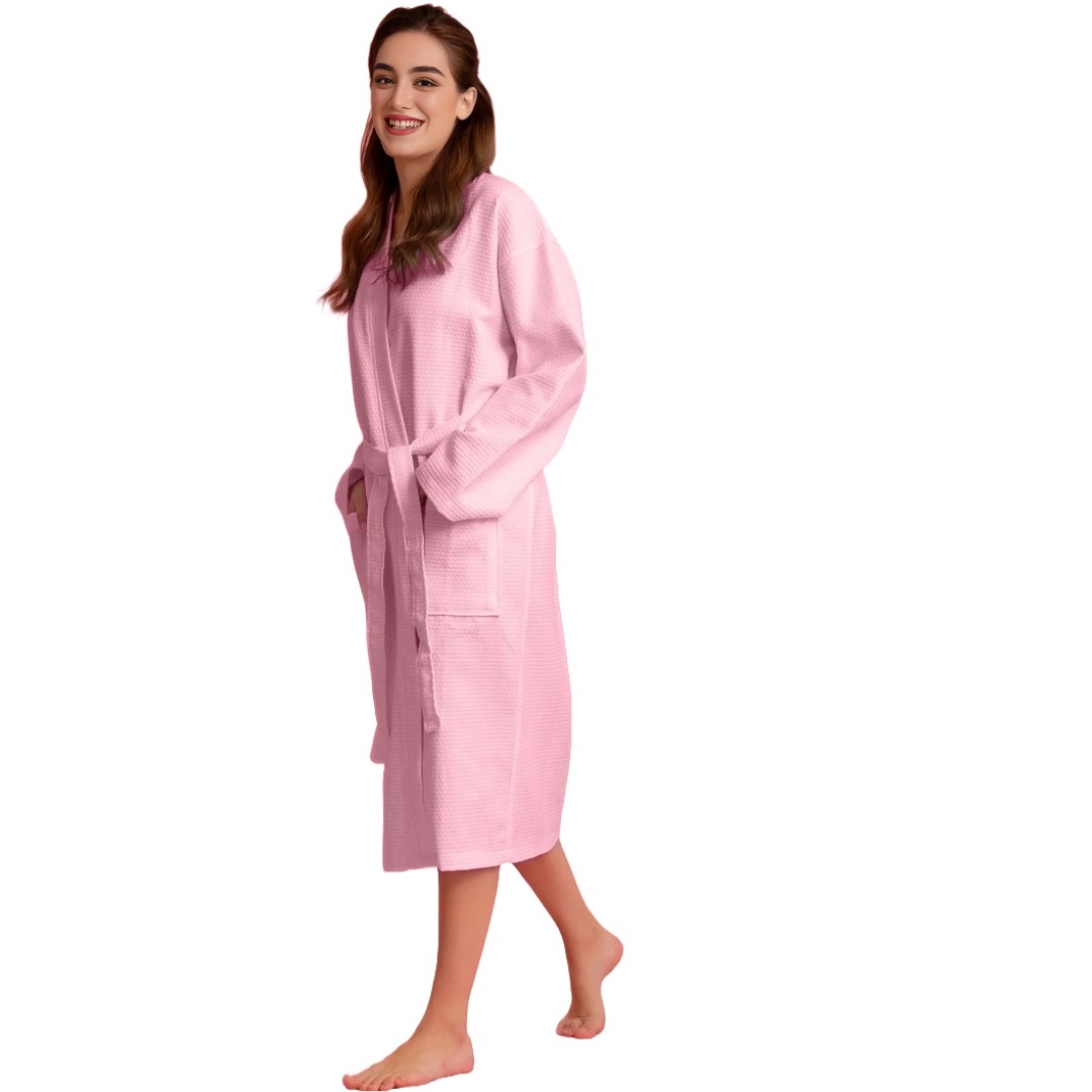 100% Turkish Cotton Women's Waffle Kimono Bathrobe-Pink(One Size) view 5