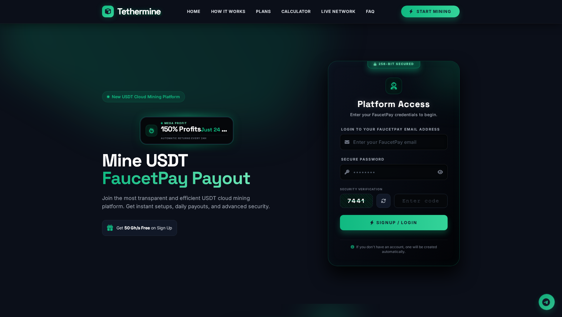 Forensic screenshot of tethermine.online showing the phishing page layout