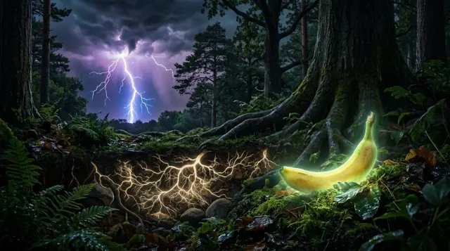 Surreal forest scene with glowing banana, lightning strike, and luminous underground mycelium network