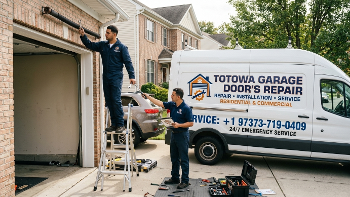 Garage door repair worker servicing a door in Totowa NJ
