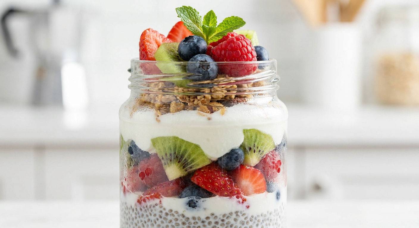 Pudding chia z owocami w sloiku.