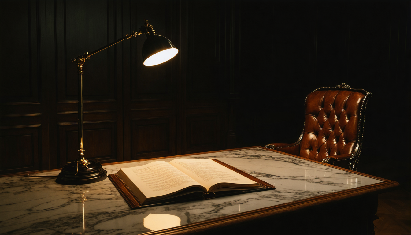 A dim office at night with a lawyer's desk, an open constitution-like document, and a single lamp casting long shadows.