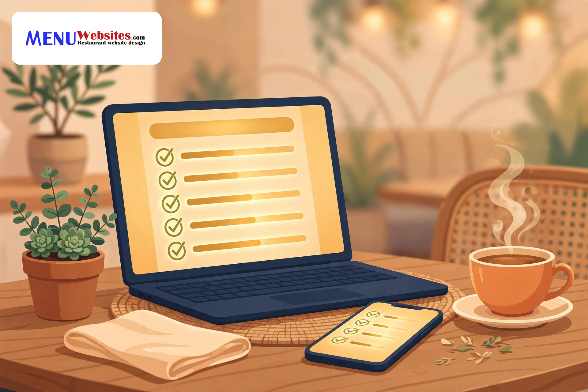 Laptop on a restaurant table showing a website audit checklist with checkmarks, a smartphone, and a cup of coffee