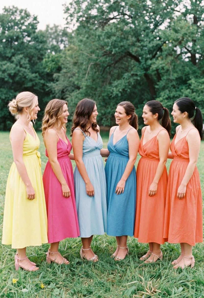 Group of bridal shower guests in vibrant bold-hued midi dresses outdoors