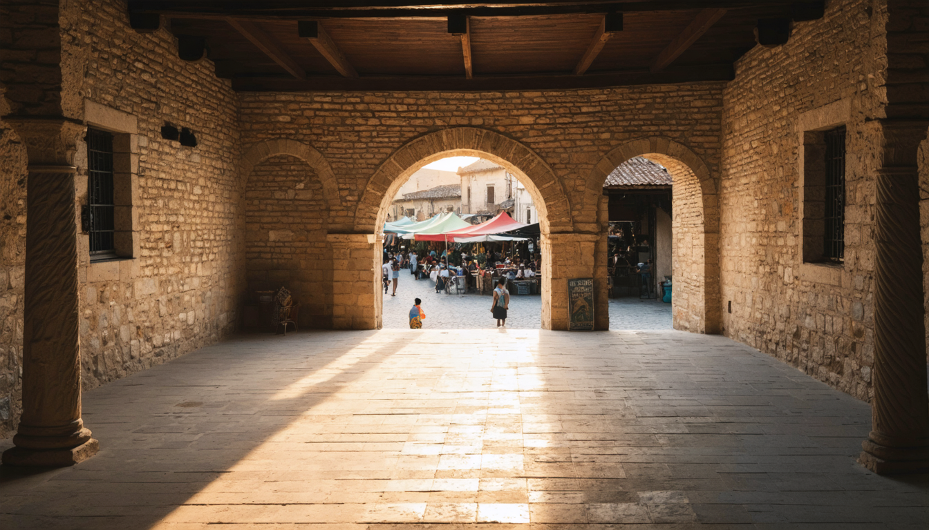 A monastery courtyard with market stalls visible through an open archway in the far wall