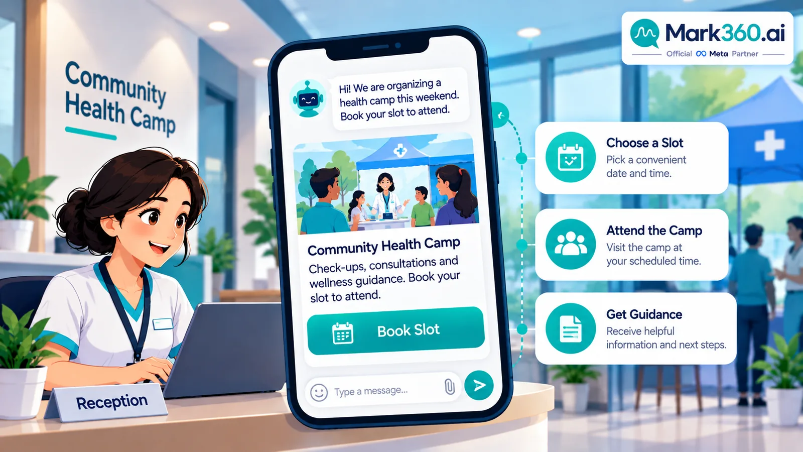 Clinic opt-in WhatsApp health camp broadcast with Book slot button — no clinical PHI