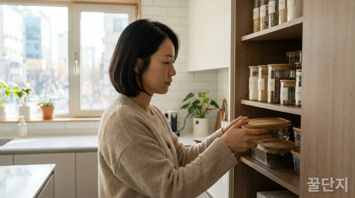 30대 한국인이 유리 밀폐용기를 정리하는 모습, 주방 수납장 배경