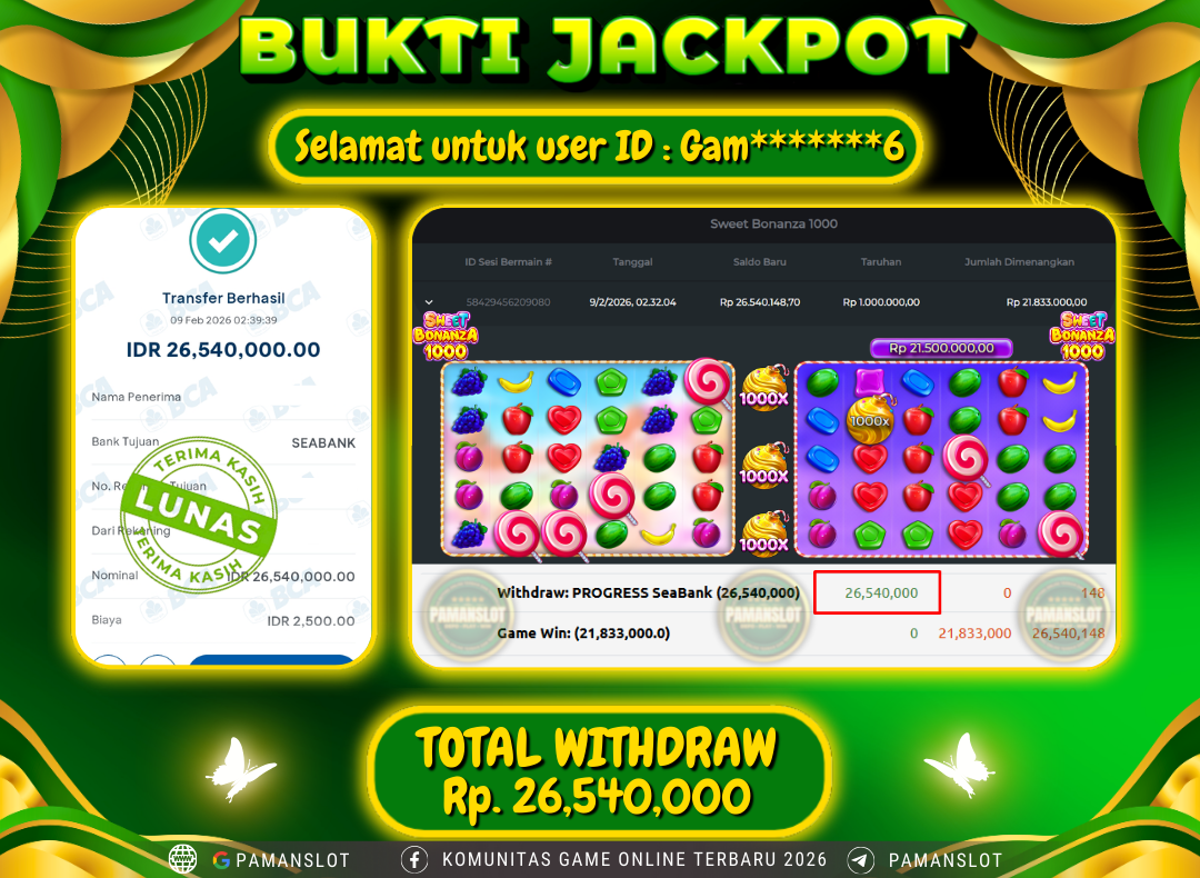 PAMANSLOT JACKPOT Game  Sweet Bonanza 1000 Rp.26,540,000- LUNAS