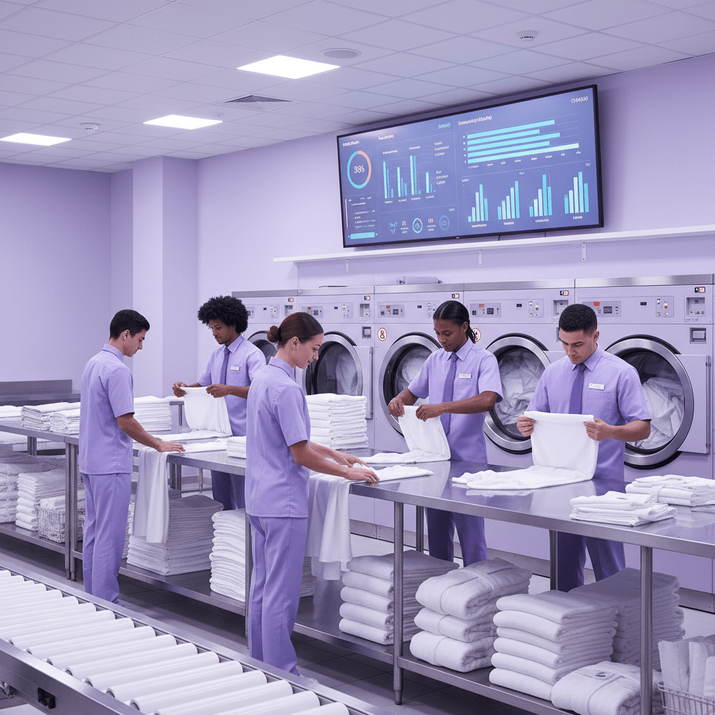 Hotel laundry team sorting linens beside modern washers and a digital dashboard