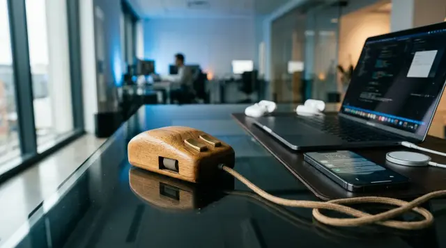 Vintage wooden computer mouse beside modern tech devices on glass desk, dramatic lighting