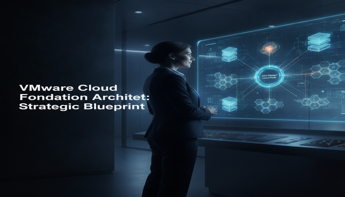 VMware Cloud Foundation Architect: Strategic Blueprint An architect thoughtfully examining a holographic blueprint of a complex VMware Cloud Foundation 9.0 architecture, with the title 'VMware Cloud Foundation Architect: Strategic Blueprint' embedded in the image.