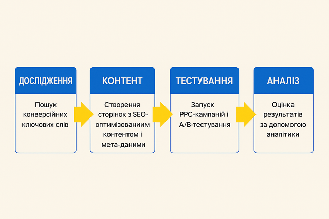 Інфографіка процесу SEO і PPC – дослідження, контент, тестування, аналітика 