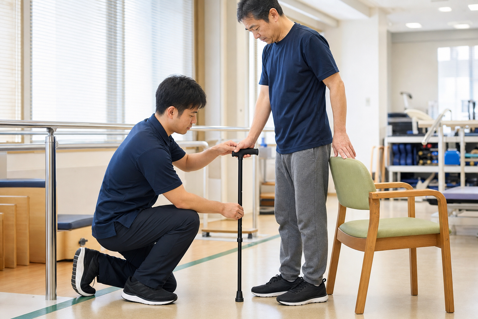 脳卒中後の方に合わせて杖の高さを調整する理学療法士