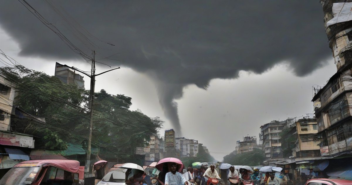 Dark clouds gathering over Kolkata skyline with lightning illuminating the horizon