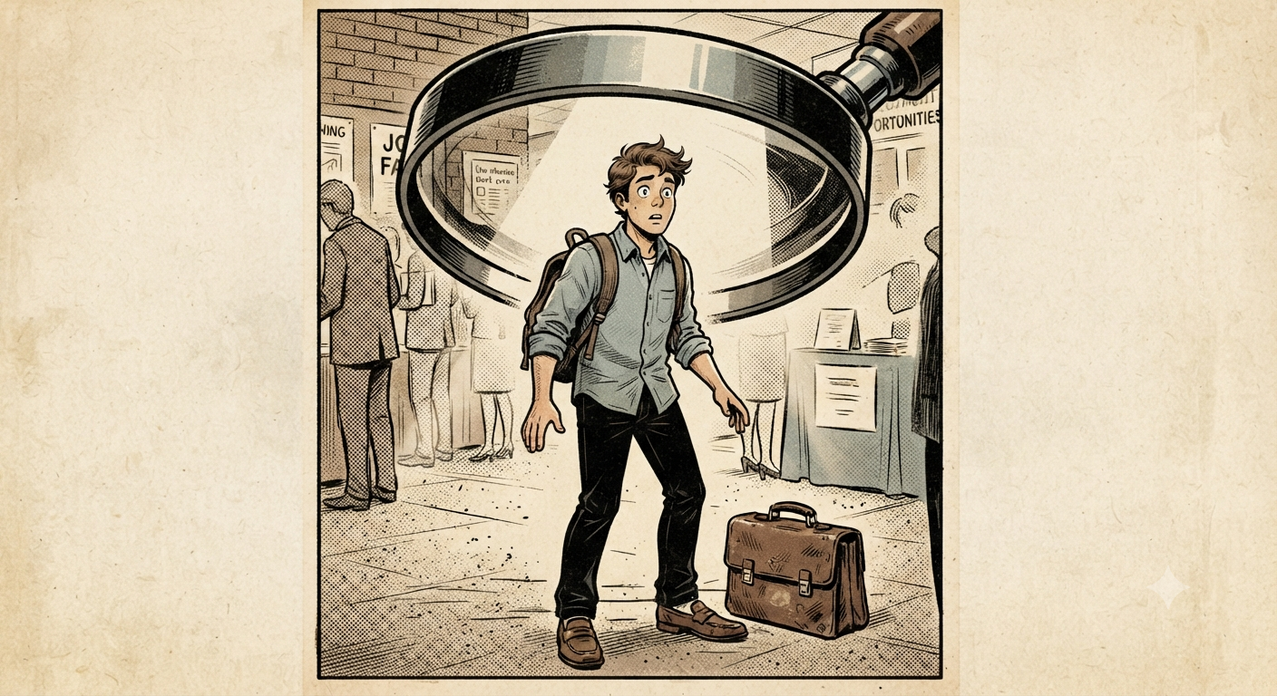A startled young graduate scrutinized by a giant magnifying glass in a flash