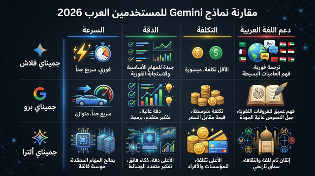 مقارنة بصرية بين نماذج Gemini Flash وPro وUltra من منظور احتياجات المستخدم العربي 2026