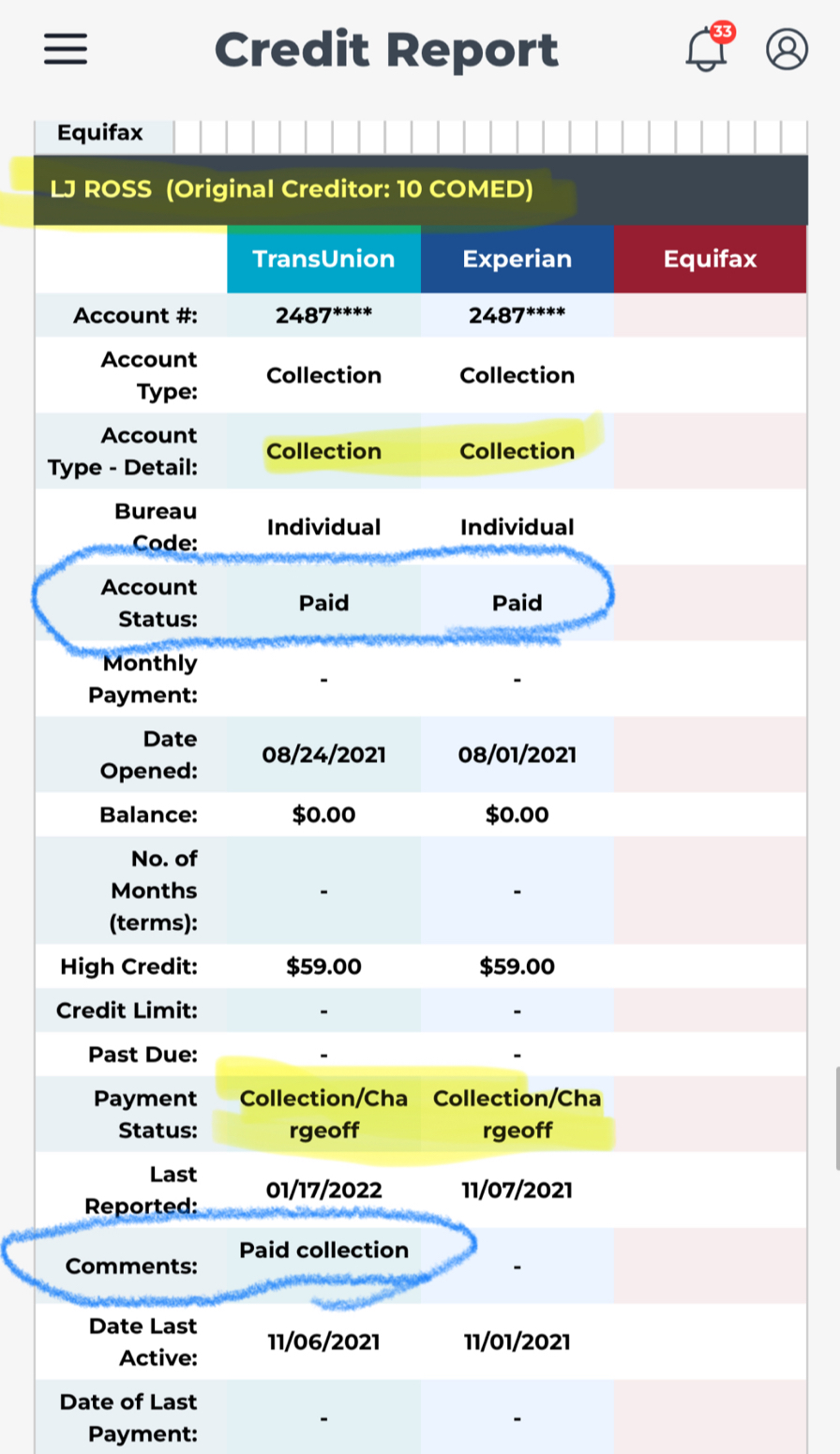 Paid collection still shows as negative