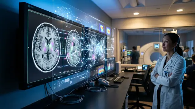 Doctor studying AI-enhanced brain MRI scans on large display in modern radiology suite, contemplative clinical mood