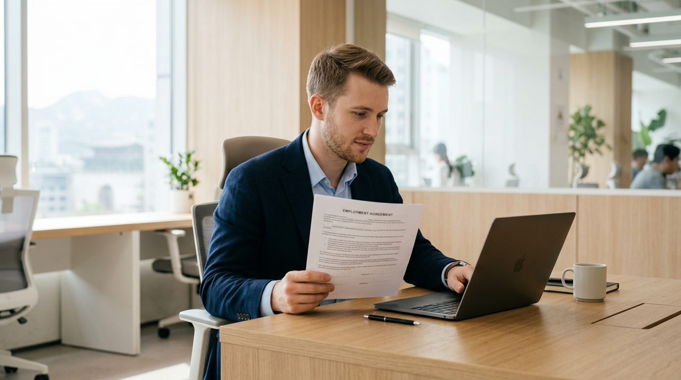 Foreign worker reviewing Korean employment contract clauses