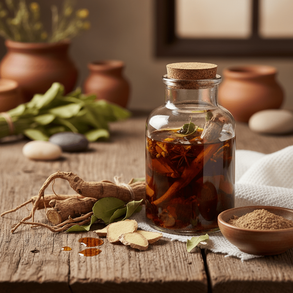 Ashwagandha roots and oil infusion on rustic wooden table