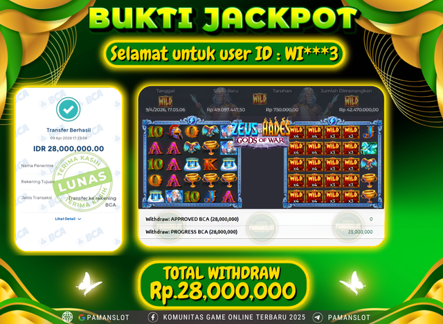 Selamat kepada Member PAMANSLOT Game Zeus vs Hades - Gods of War  : WI***3