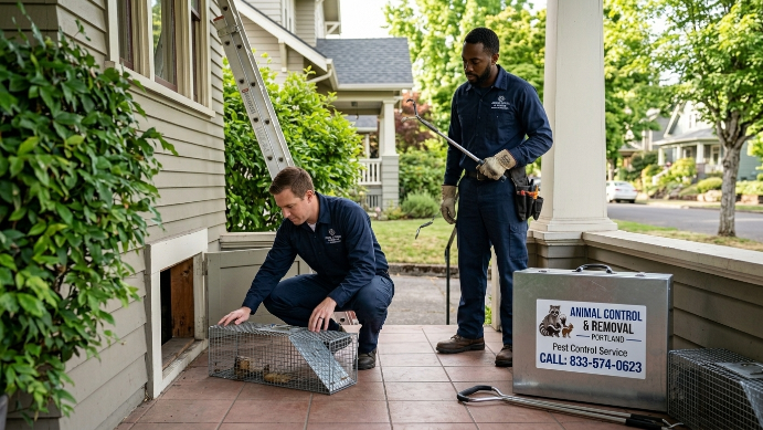 Animal control technicians performing pest removal inspection