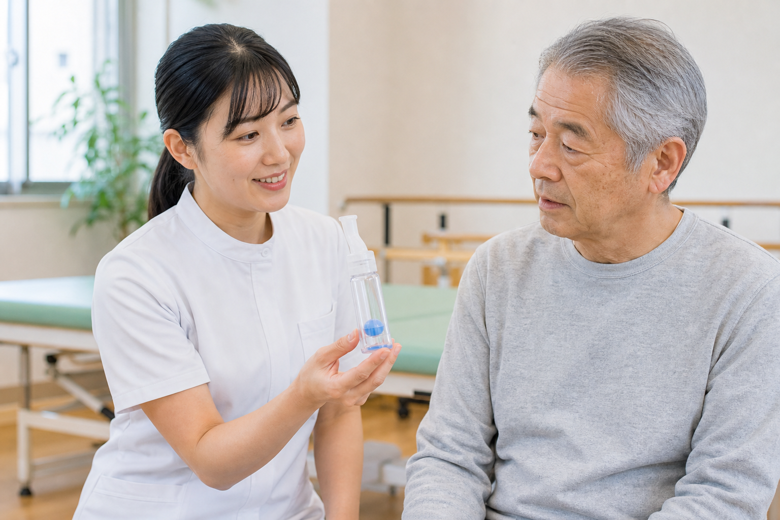 専門職が呼気筋トレーニング器具の使い方を説明する様子
