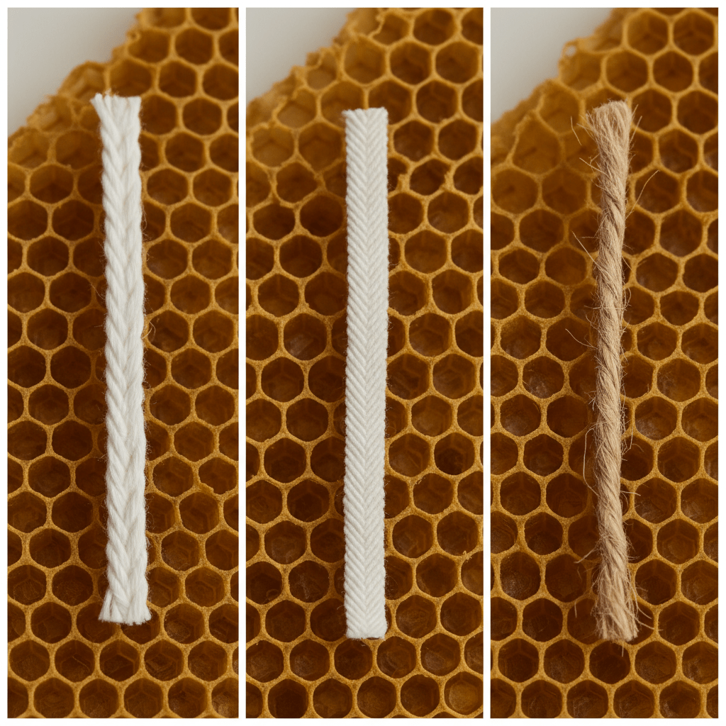 Three candle wick types laid on beeswax sheets for comparison