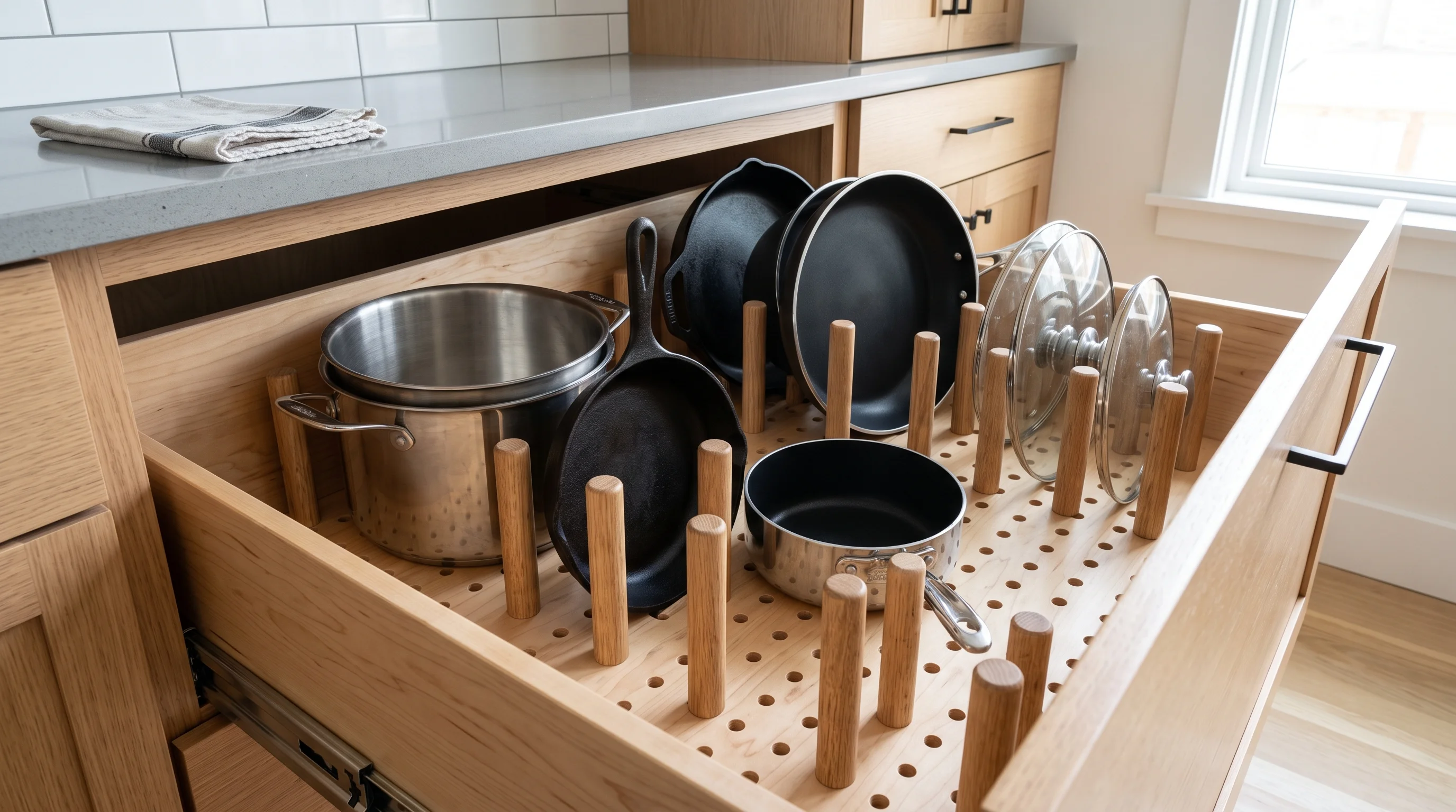 Adjustable Pegboard Drawer Matrices Pots and Pans