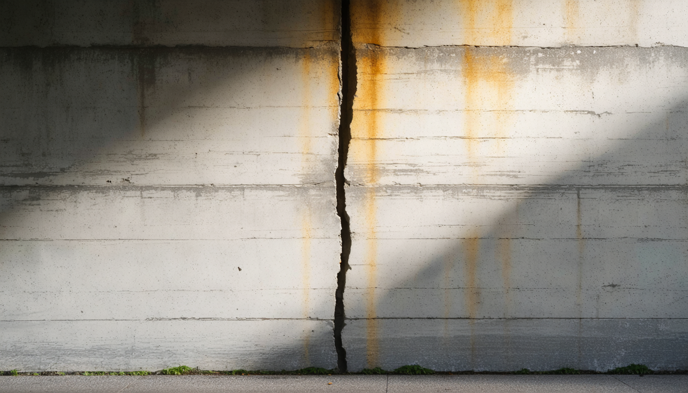 A weathered concrete wall with a single narrow crack running vertically, illuminated by warm late-afternoon light.