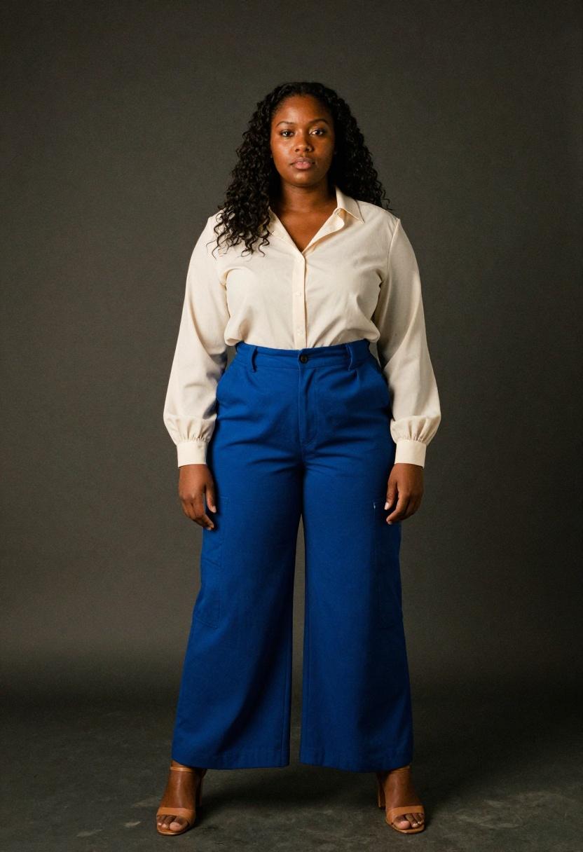 Cobalt blue wide-leg trousers with tucked cream blouse for polished office look