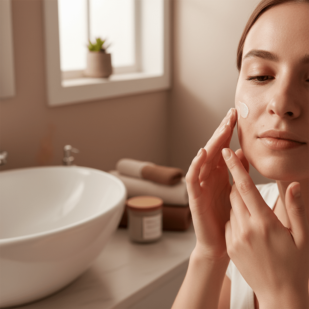 Person applying a gentle moisturizer to acne-prone skin