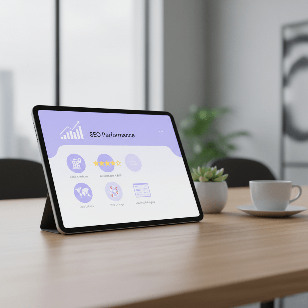 Photorealistic hotel SEO analytics with citations, reviews, and map listings