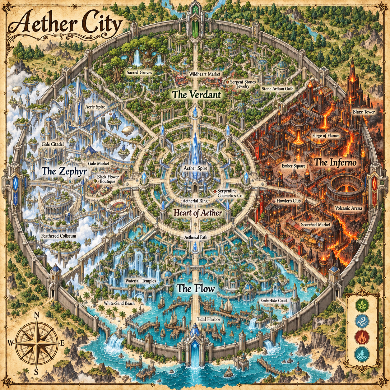 Map of Aether City showing the Heart and four elemental districts.