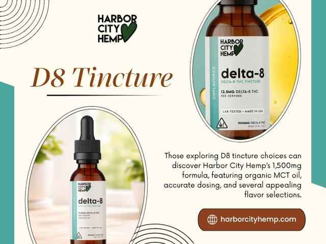 Cannabinoid extracts are commonly blended with another oil to create a liquid that can be measured with a dropper. MCT oil is one example. When comparing a D8 tincture, checking the carrier oil can help explain why two products with similar cannabinoid amounts may have different formulations.

Official Website - https://harborcityhemp.com/product/delta-8-tincture-1500mg/

Contact Us -
Address: 186 Specialty Pt, Sanford, FL 32771, USA
Phone: +1-619-639-4386

Read Our blogs -
https://harborcityhemp.jimdofree.com/2026/09/22/cbd-hard-candy/
https://6a4f4595d8109.site123.me/blog/cbd-chocolate
https://sites.google.com/view/harborcityhemp/delta-8-tincture

More Links -
https://about.me/harborcityhemp
https://www.apsense.com/user/harborcityhemp
https://gravatar.com/harborcityhempcbd