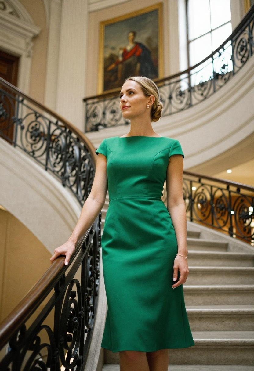 Emerald green structured midi dress on ornate civic staircase city hall elopement